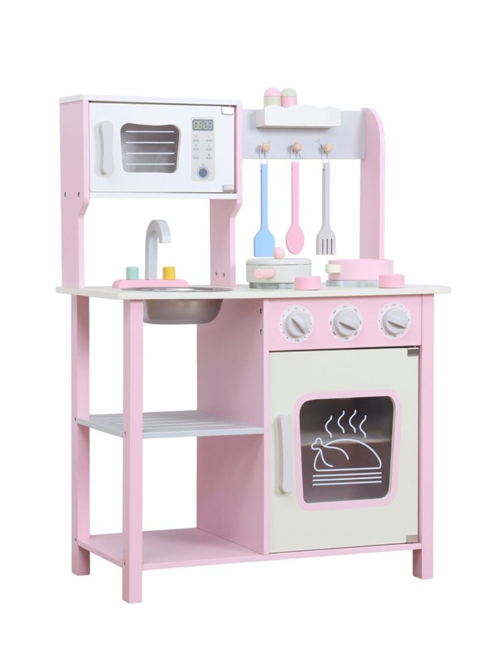 Kids Wooden Play Kitchen Set, Pink Pretend Cooking Toy with Accessories - Picture 10 of 16